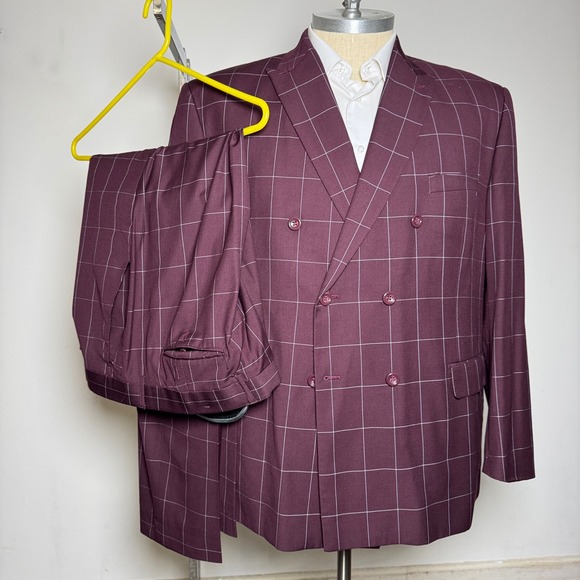 Vinci Philosophy Other - Vinci‎ Philosophy Mens Burgundy Plaid Double Breasted Suit Check 52R 42W